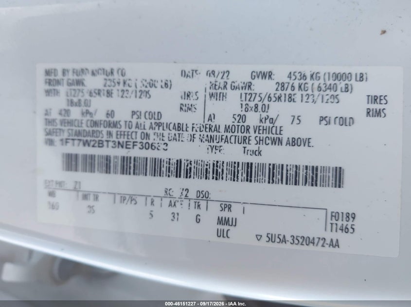 FORD F250 2022 VIN 1FT7W2BT3NEF30683