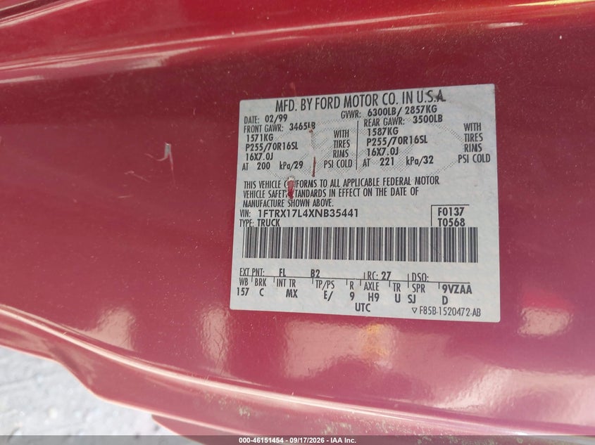FORD F-150 1999 VIN 1FTRX17L4XNB35441