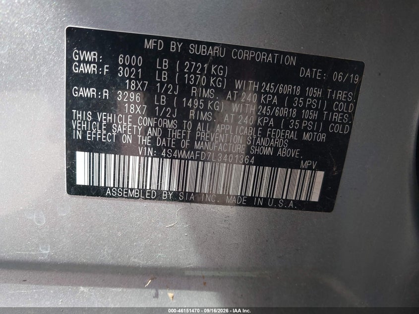 SUBARU ASCENT 2020 VIN 4S4WMAFD7L3401364