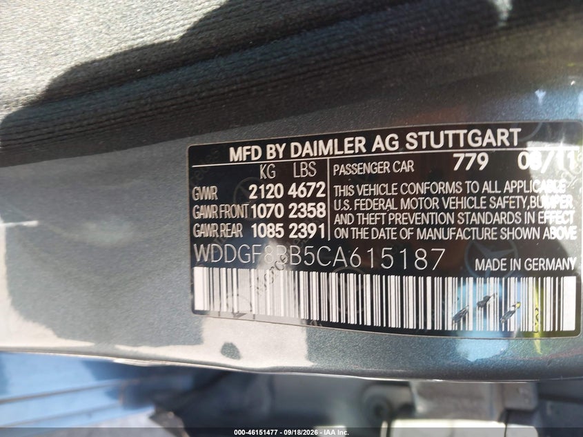 MERCEDES-BENZ C 300 2012 VIN WDDGF8BB5CA615187