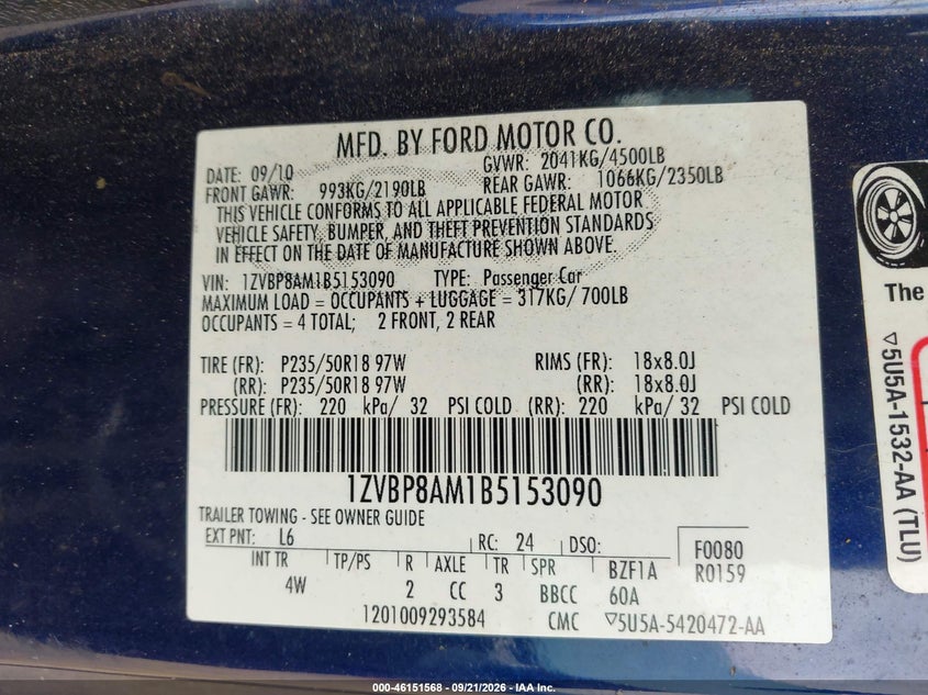 FORD MUSTANG 2011 VIN 1ZVBP8AM1B5153090