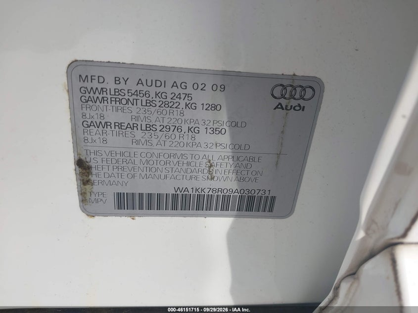 AUDI Q5 2009 VIN WA1KK78R09A030731