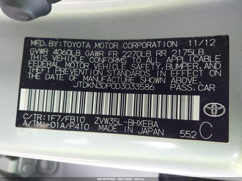 TOYOTA PRIUS PLUG-IN 2013 VIN JTDKN3DP0D3033586