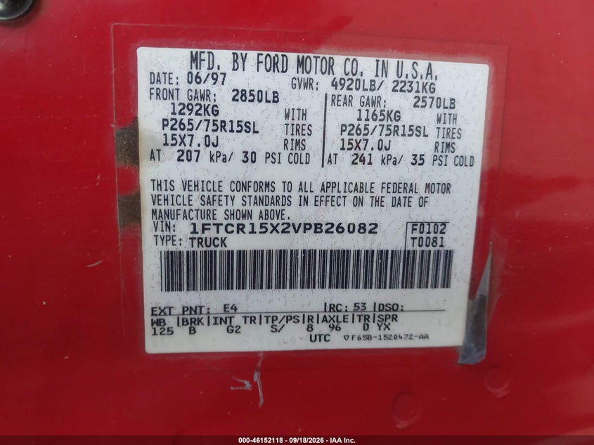 FORD RANGER 1997 VIN 1FTCR15X2VPB26082