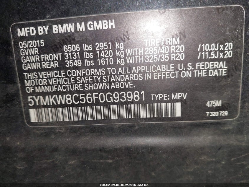 BMW X6 M 2015 VIN 5YMKW8C56F0G93981