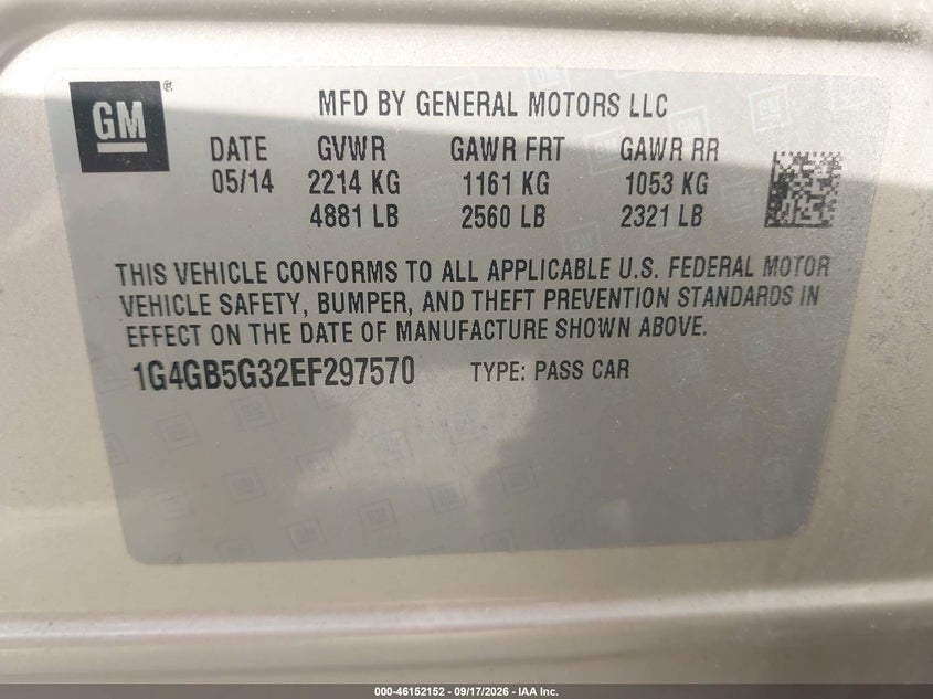 BUICK LACROSSE 2014 VIN 1G4GB5G32EF297570