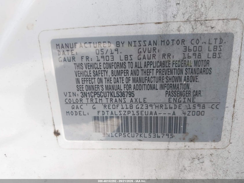NISSAN KICKS 2019 VIN 3N1CP5CU7KL536795