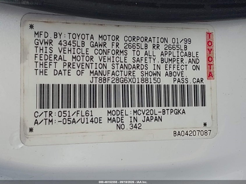 LEXUS ES 300 1999 VIN JT8BF28G6X0188150