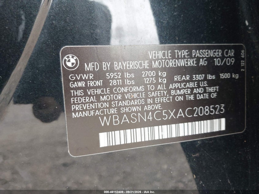 BMW 550I GRAN TURISMO 2010 VIN WBASN4C5XAC208523