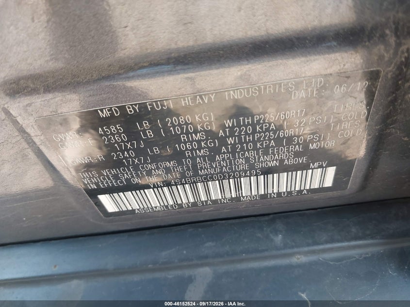 SUBARU OUTBACK 2013 VIN 4S4BRBCC0D3209495