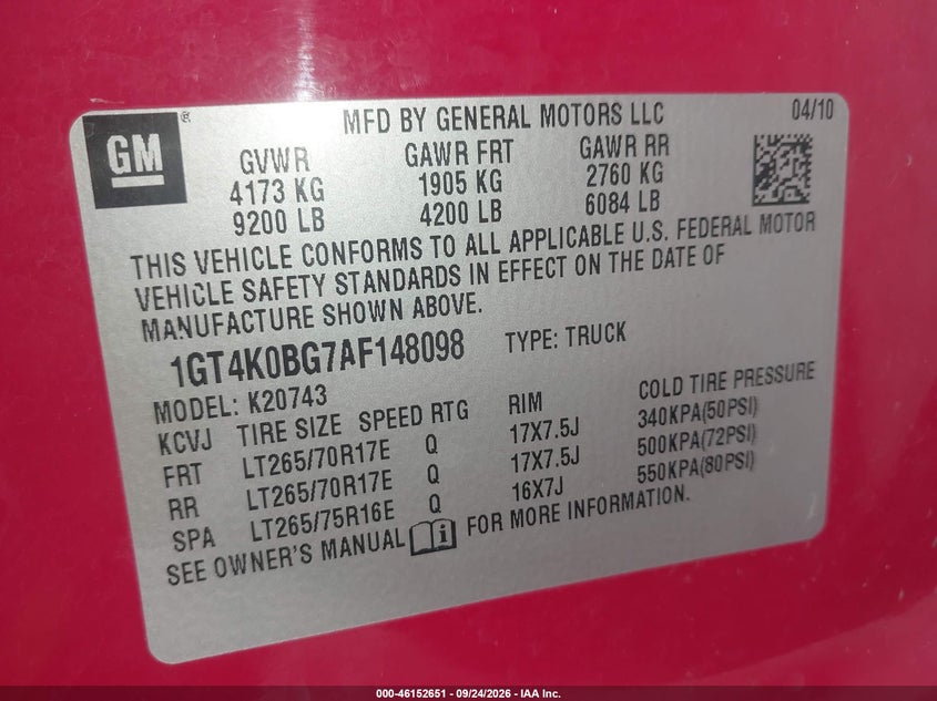 GMC SIERRA 2500HD 2010 VIN 1GT4K0BG7AF148098