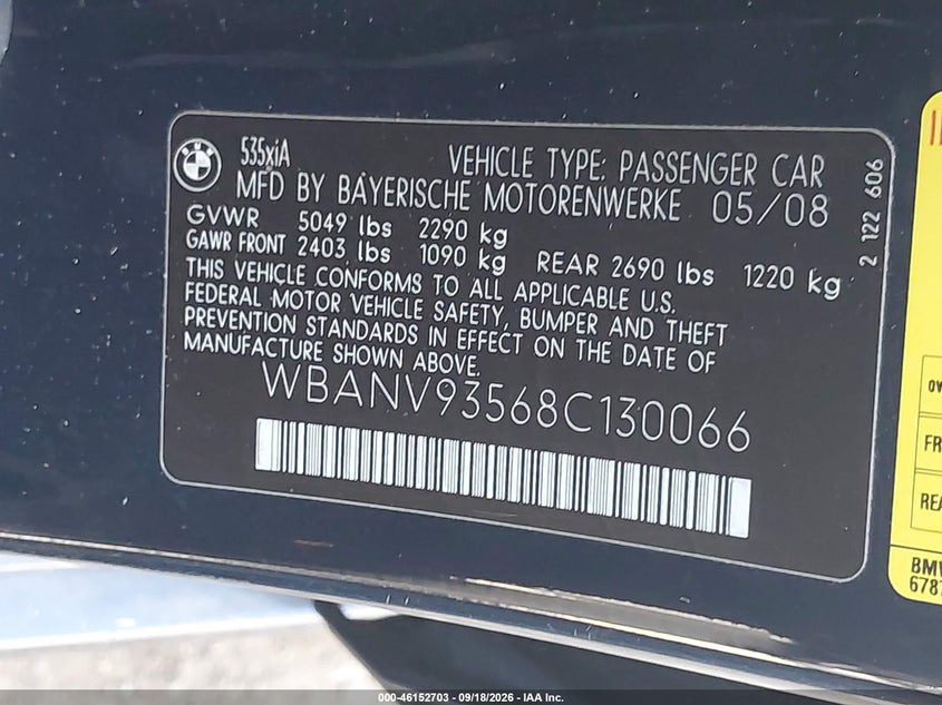 BMW 535XI 2008 VIN WBANV93568C130066