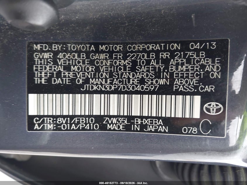 TOYOTA PRIUS PLUG-IN 2013 VIN JTDKN3DP7D3040597