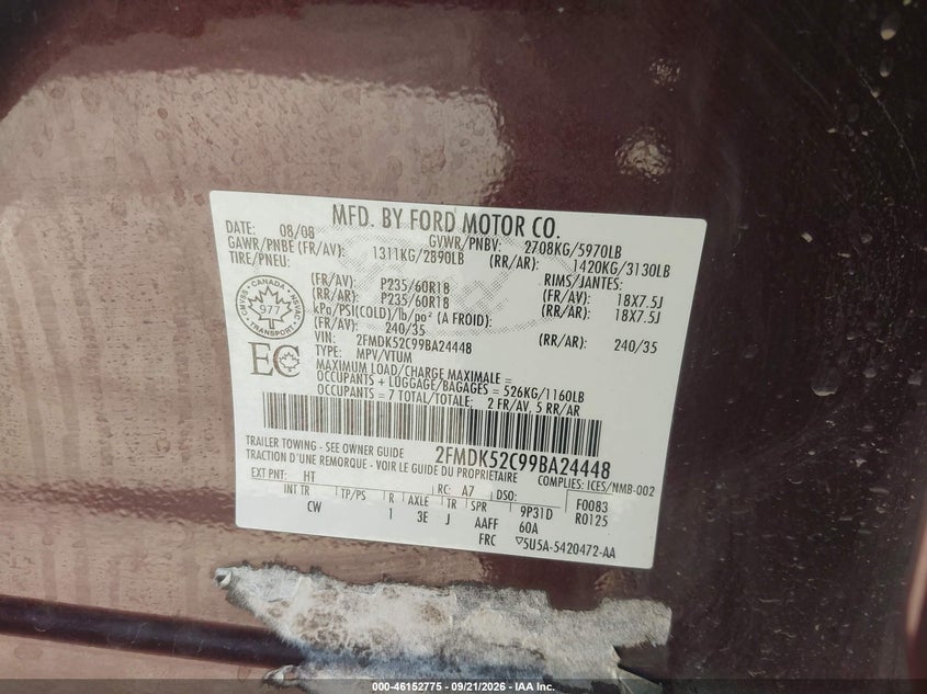 FORD FLEX 2009 VIN 2FMDK52C99BA24448