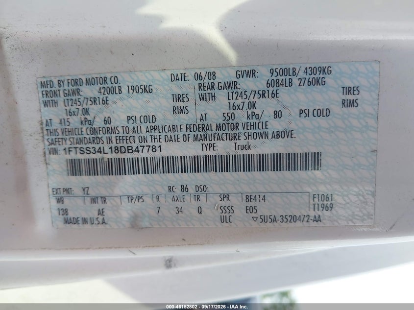 FORD E-350 SUPER DUTY 2008 VIN 1FTSS34L18DB47781