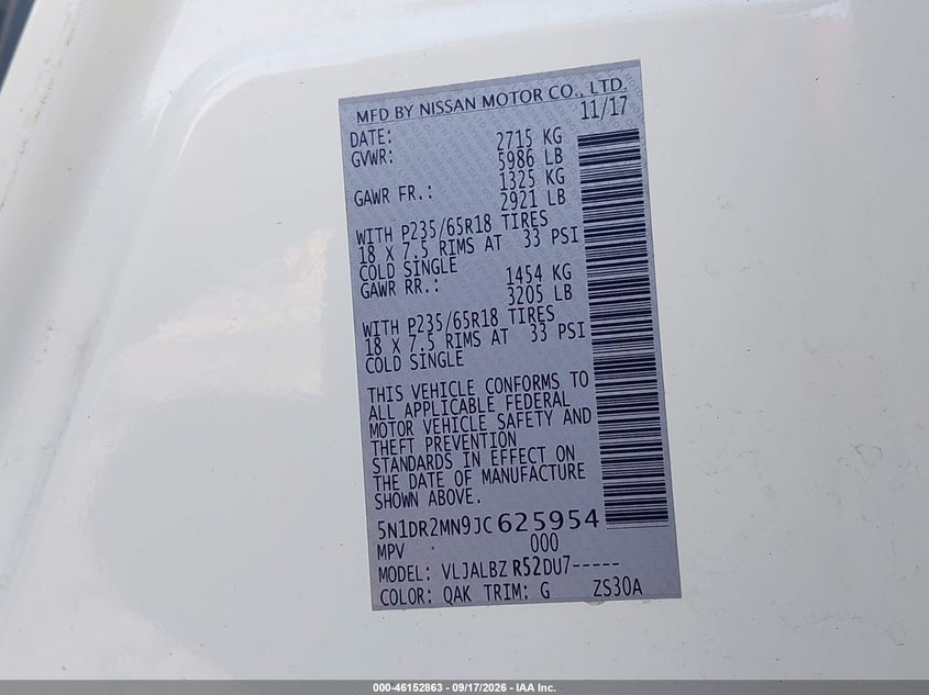 NISSAN PATHFINDER 2018 VIN 5N1DR2MN9JC625954