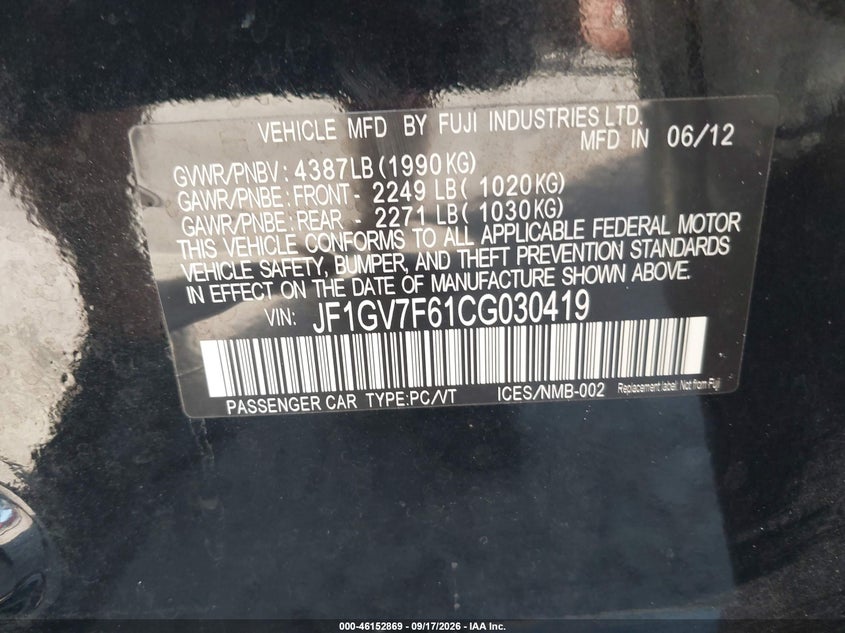 SUBARU IMPREZA 2012 VIN JF1GV7F61CG030419