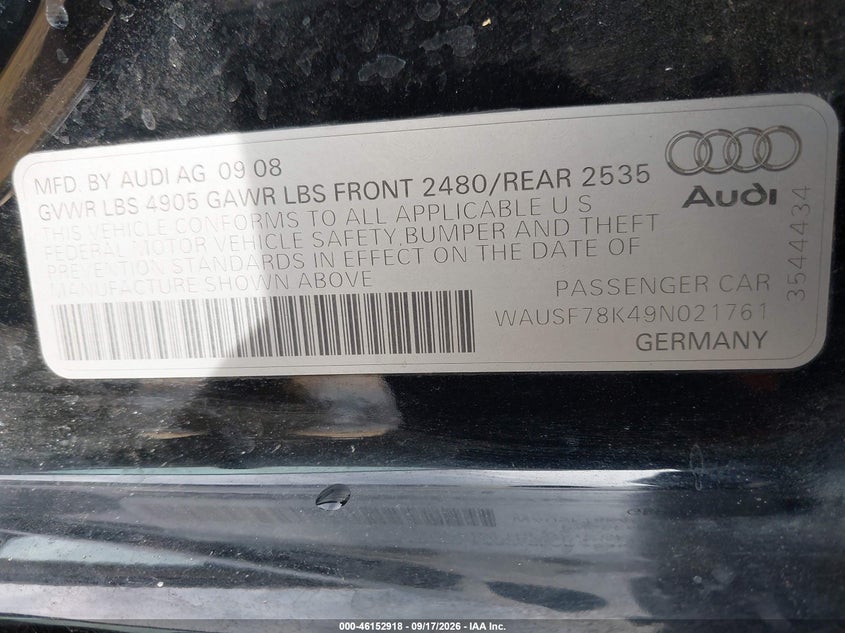 AUDI A4 2009 VIN WAUSF78K49N021761