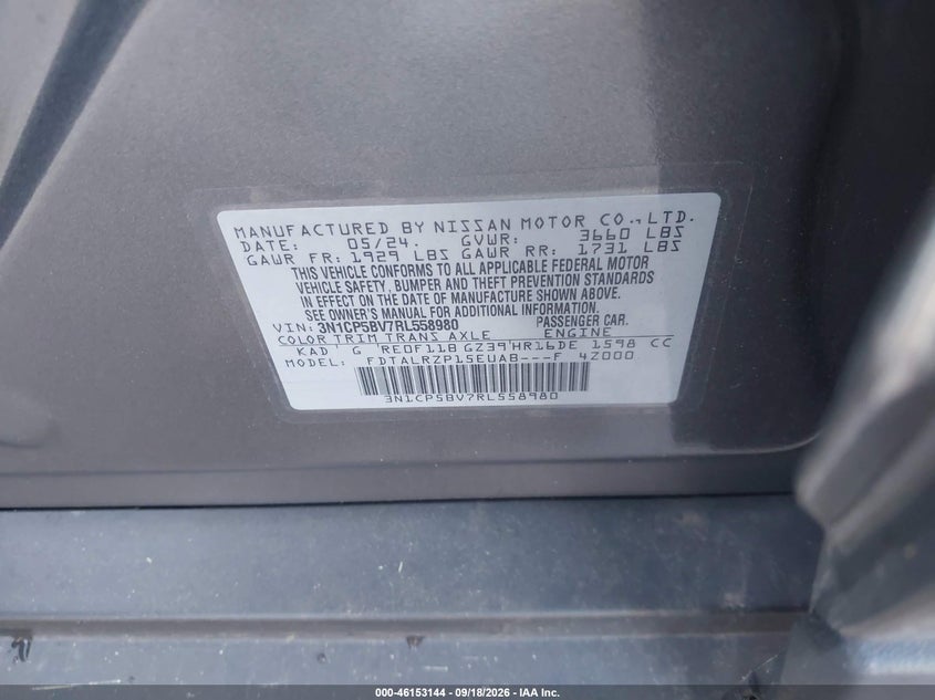 NISSAN KICKS 2024 VIN 3N1CP5BV7RL558980