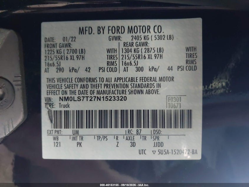 FORD TRANSIT CONNECT 2022 VIN NM0LS7T27N1523320