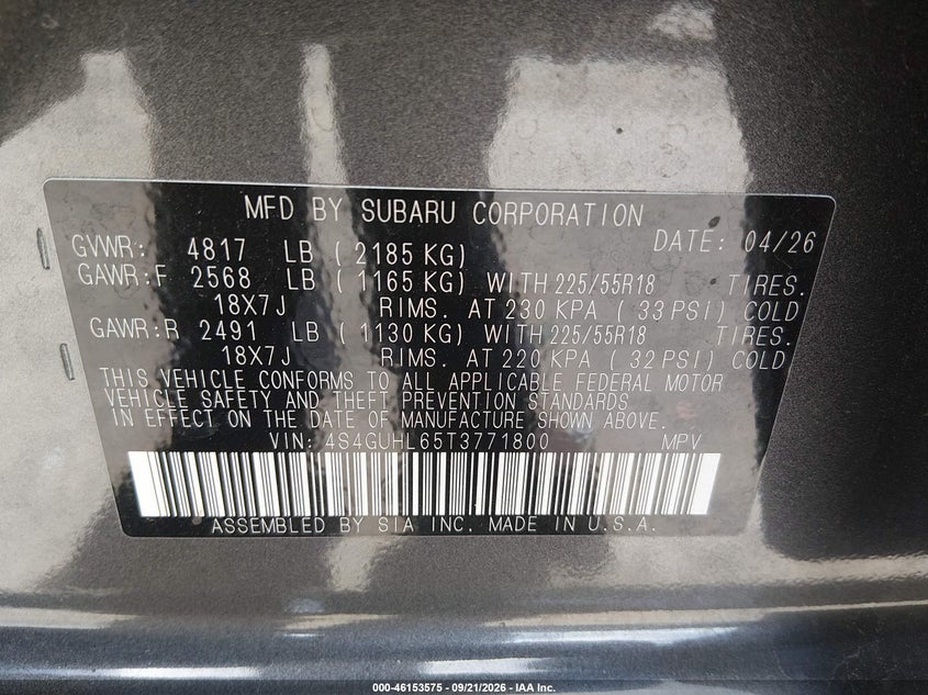 SUBARU CROSSTREK 2026 VIN 4S4GUHL65T3771800