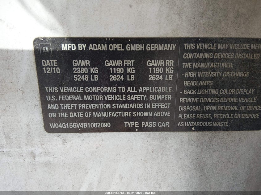 BUICK REGAL 2011 VIN W04G15GV4B1082090