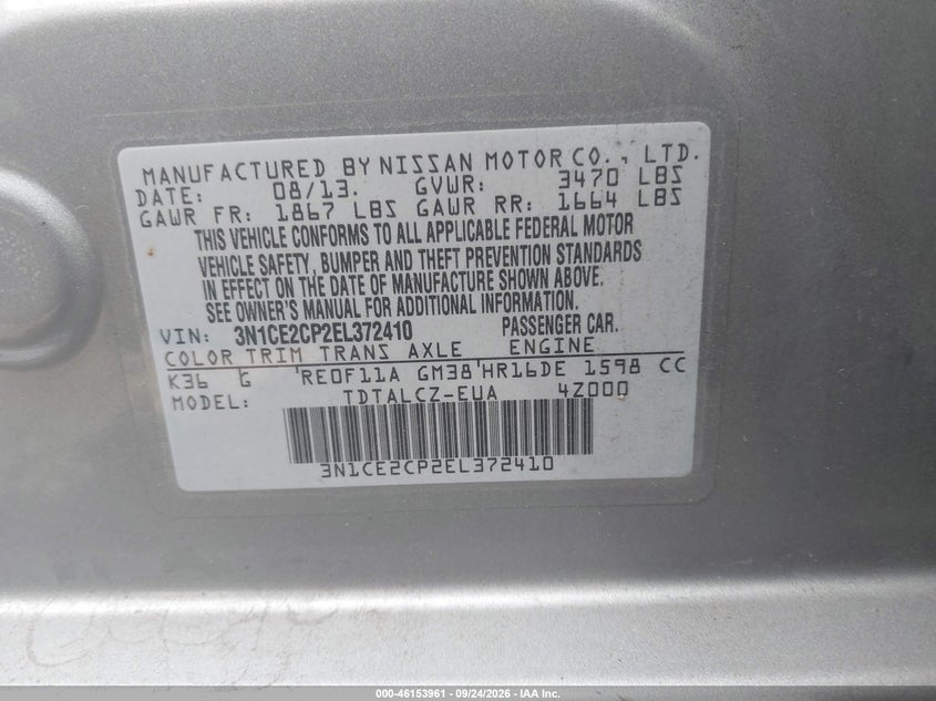 NISSAN VERSA NOTE 2014 VIN 3N1CE2CP2EL372410