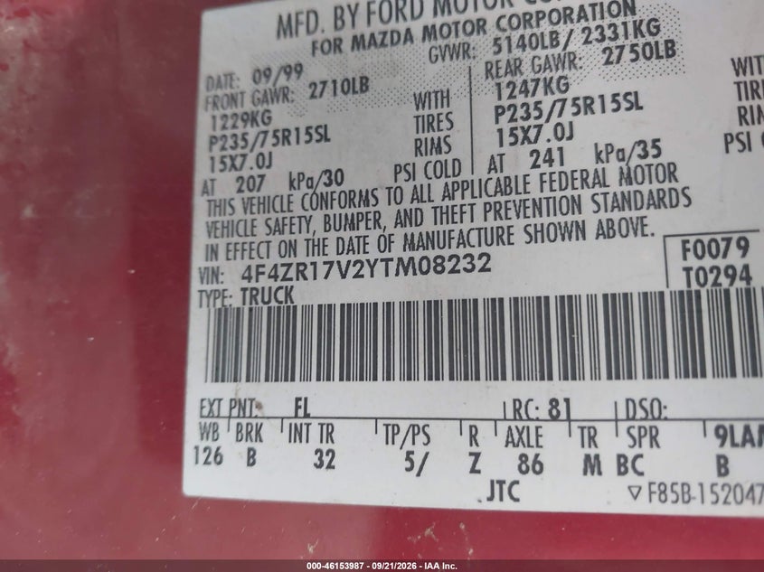 MAZDA B3000 2000 VIN 4F4ZR17V2YTM08232