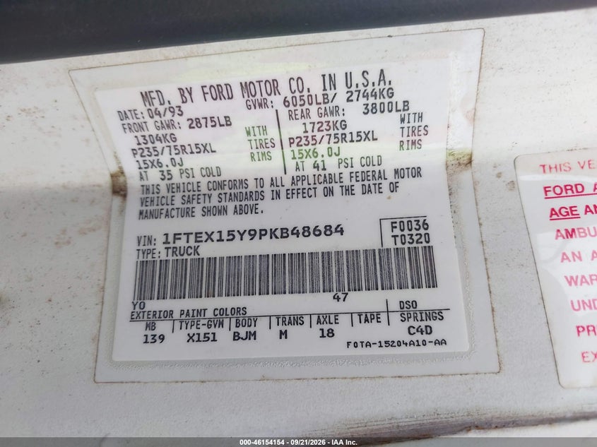 FORD F150 1993 VIN 1FTEX15Y9PKB48684