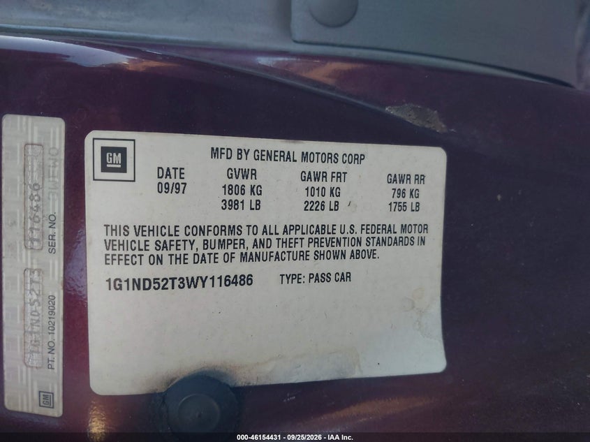 CHEVROLET MALIBU 1998 VIN 1G1ND52T3WY116486