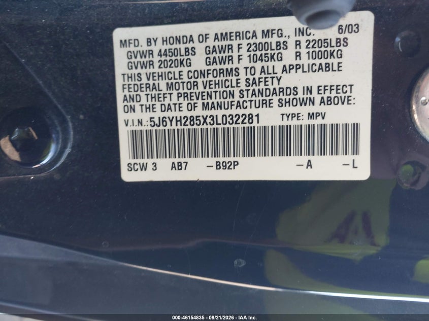 HONDA ELEMENT 2003 VIN 5J6YH285X3L032281