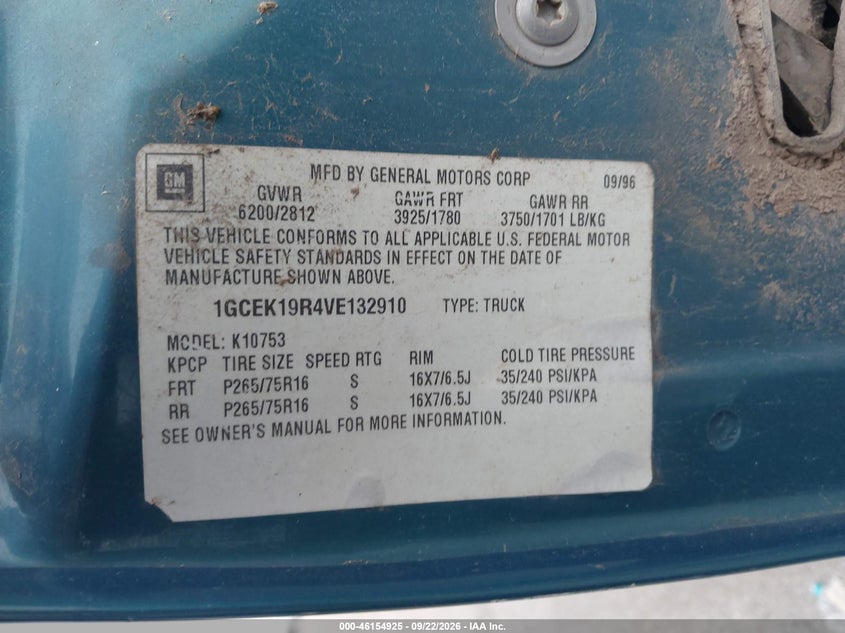 CHEVROLET K1500 1997 VIN 1GCEK19R4VE132910