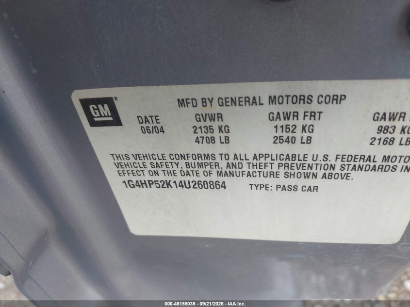 BUICK LESABRE 2004 VIN 1G4HP52K14U260864