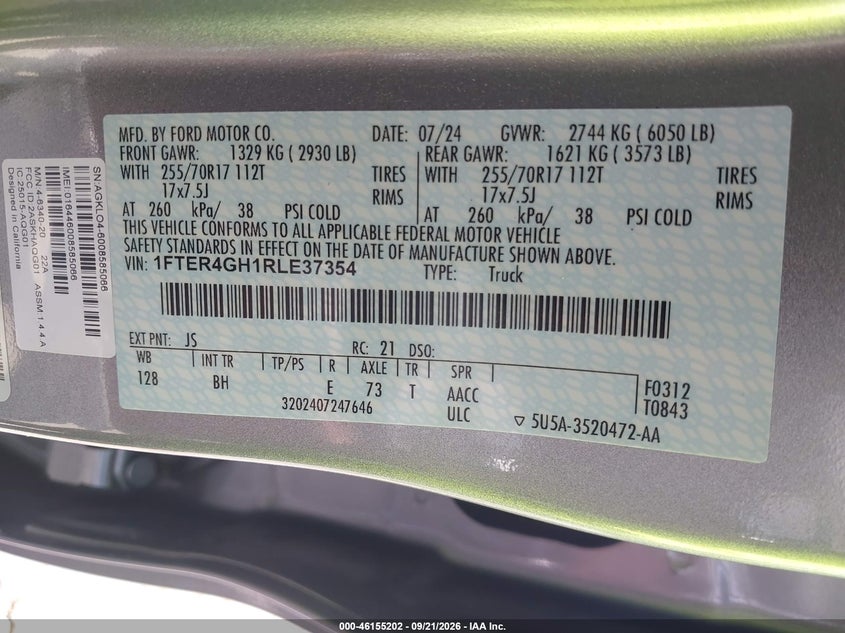 FORD RANGER 2024 VIN 1FTER4GH1RLE37354