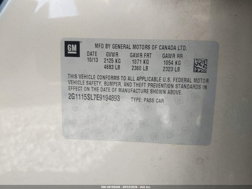 CHEVROLET IMPALA 2014 VIN 2G1115SL7E9194893