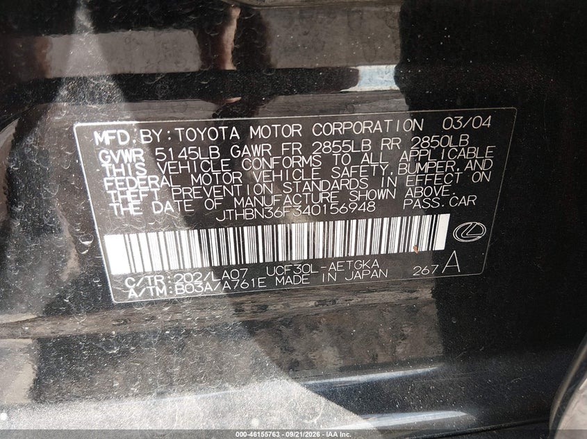 LEXUS LS 430 2004 VIN JTHBN36F340156948