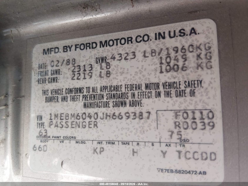 MERCURY COUGAR 1988 VIN 1MEBM6040JH669387