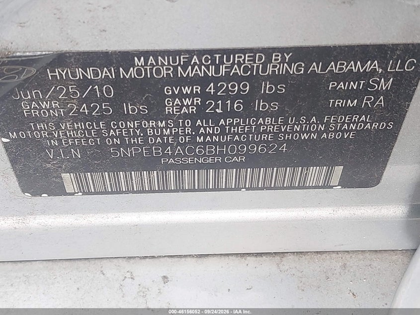 HYUNDAI SONATA 2011 VIN 5NPEB4AC6BH099624