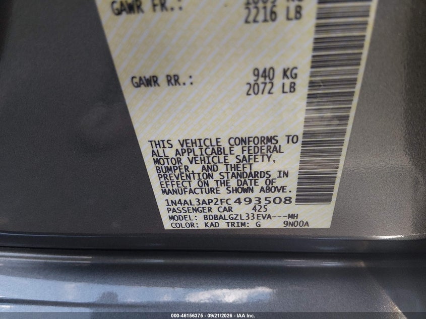 NISSAN ALTIMA 2015 VIN 1N4AL3AP2FC493508