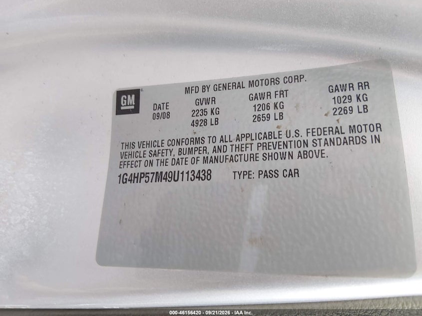 BUICK LUCERNE 2009 VIN 1G4HP57M49U113438