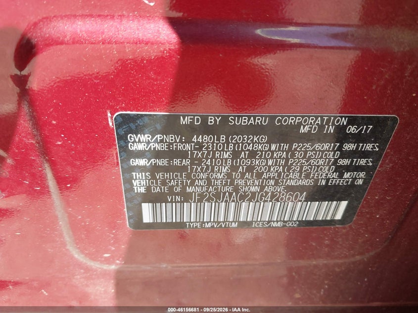 SUBARU FORESTER 2018 VIN JF2SJAAC2JG428604