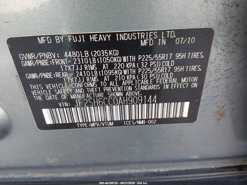 SUBARU FORESTER 2010 VIN JF2SH6CC0AH909144