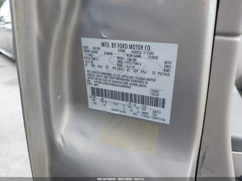 FORD ESCAPE 2010 VIN 1FMCU9DG8AKA45993