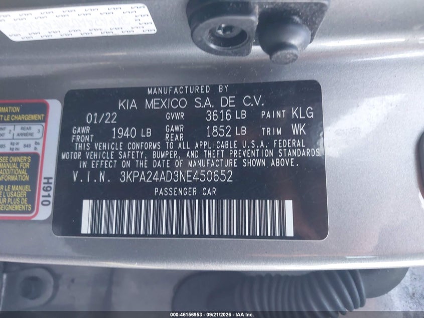 KIA RIO 2022 VIN 3KPA24AD3NE450652