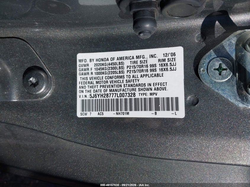 HONDA ELEMENT 2007 VIN 5J6YH28777L007328