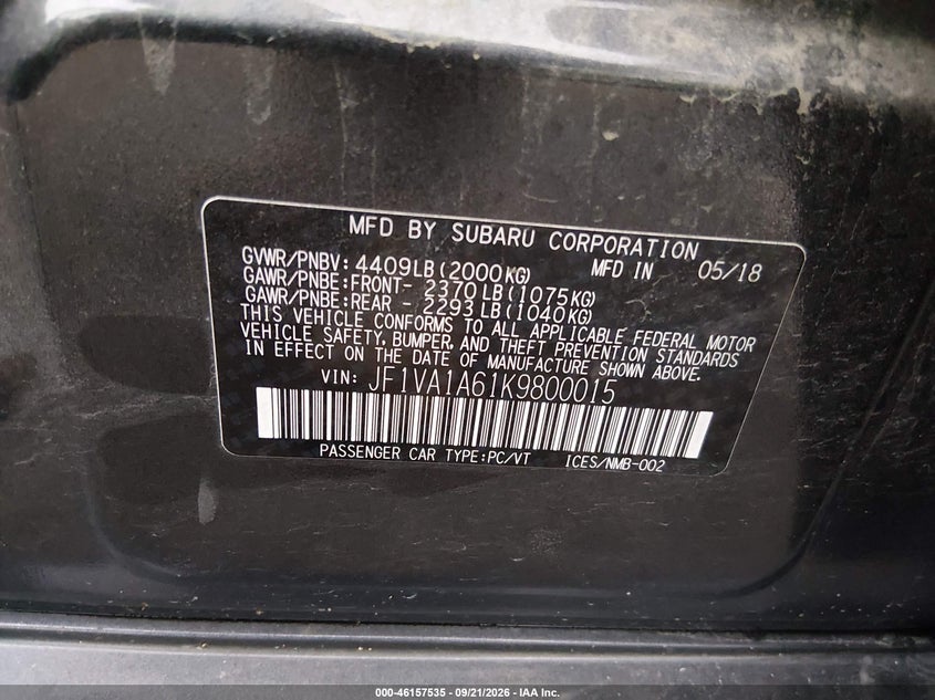 SUBARU WRX 2019 VIN JF1VA1A61K9800015