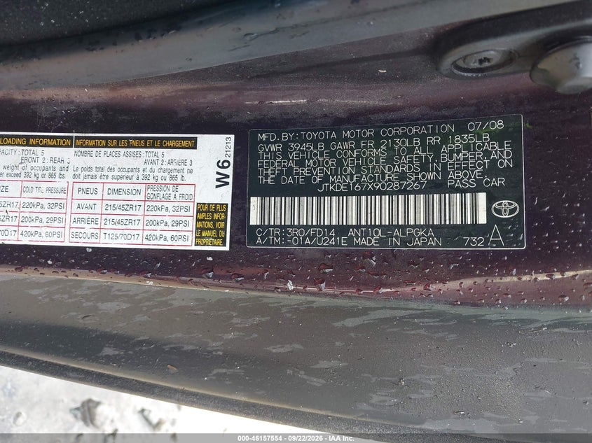 SCION TC 2009 VIN JTKDE167X90287267