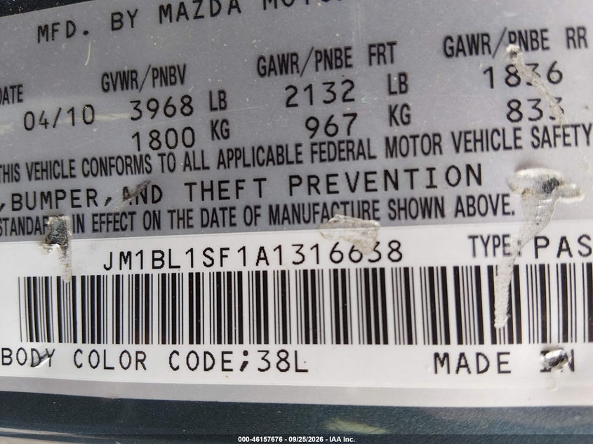 MAZDA MAZDA3 2010 VIN JM1BL1SF1A1316638