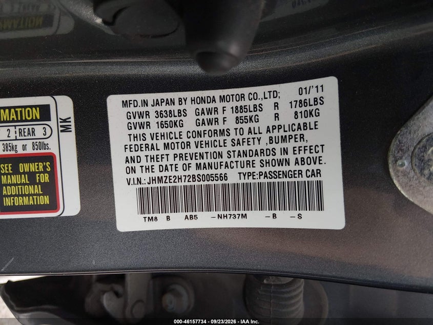 HONDA INSIGHT 2011 VIN JHMZE2H72BS005566