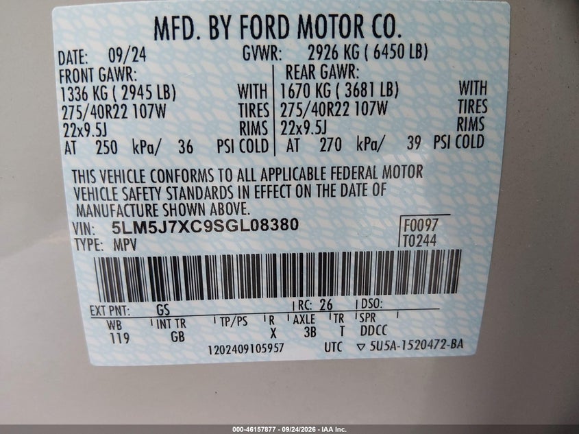 LINCOLN AVIATOR 2025 VIN 5LM5J7XC9SGL08380